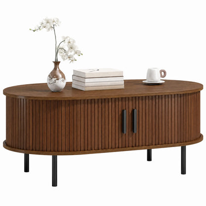 Coffee Table with Sliding Tambour Doors and Storage Center Table with Metal Legs, 39", Brown Coffee Tables at Gallery Canada