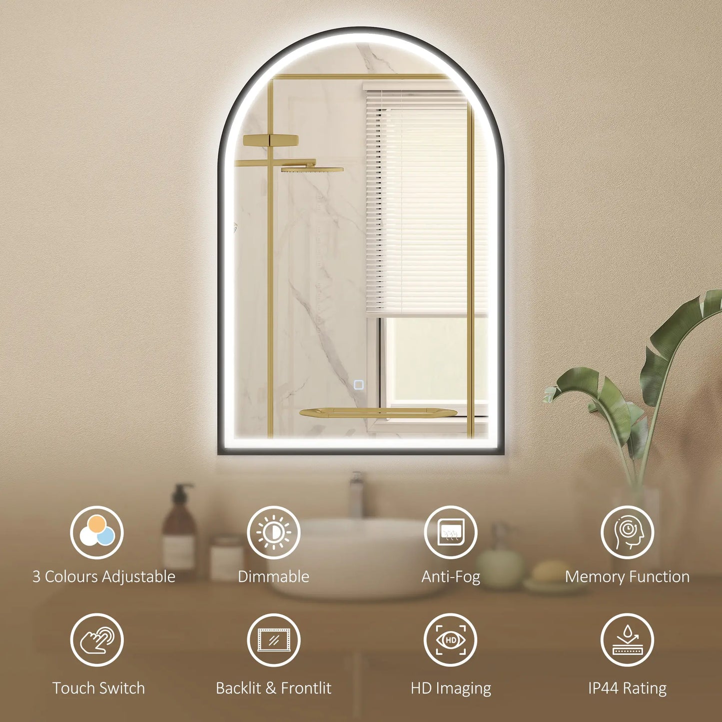 24" x 36" LED Bathroom Mirror, Arched Tempered Glass, Anti-Fog, Dimmable, Black Bath Accessories at Gallery Canada