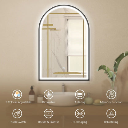 24" x 36" LED Bathroom Mirror, Arched Tempered Glass, Anti-Fog, Dimmable, Black Bath Accessories at Gallery Canada