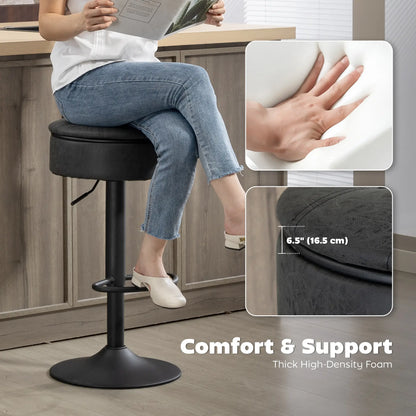 Set of 2 Barstools with Storage, Swivel, PU Leather, Footrest, Steel Base, Black Bar Stools at Gallery Canada