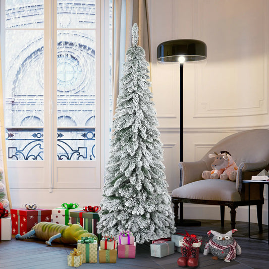 6' Artificial Slim Flocked Christmas Tree, Snow Frosted Branches, Steel Base Artificial Christmas Trees Green at Gallery Canada