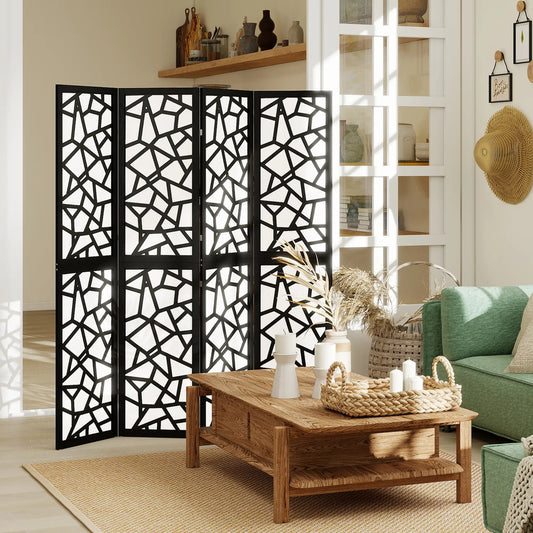 4 Panel Room Divider, 5.6 FT, Geometric Pattern Privacy Screen, Black