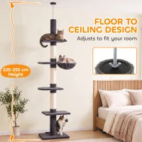 Arbre à chat à 5 niveaux, réglable de 88,6" à 100,4", poteaux à gratter