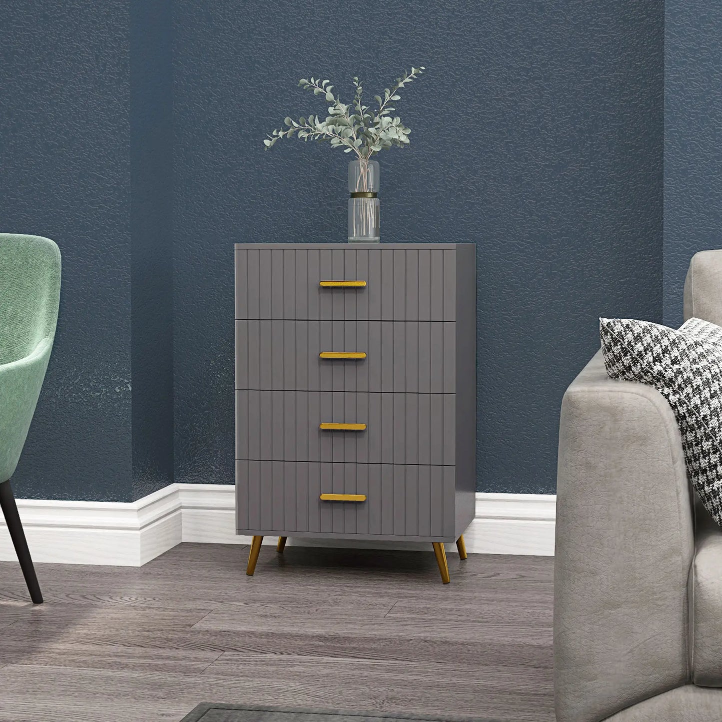4 Drawer Cabinet, Bedroom Chest, Aluminium Legs, Gold Handles, Dark Grey Storage Cabinets at Gallery Canada