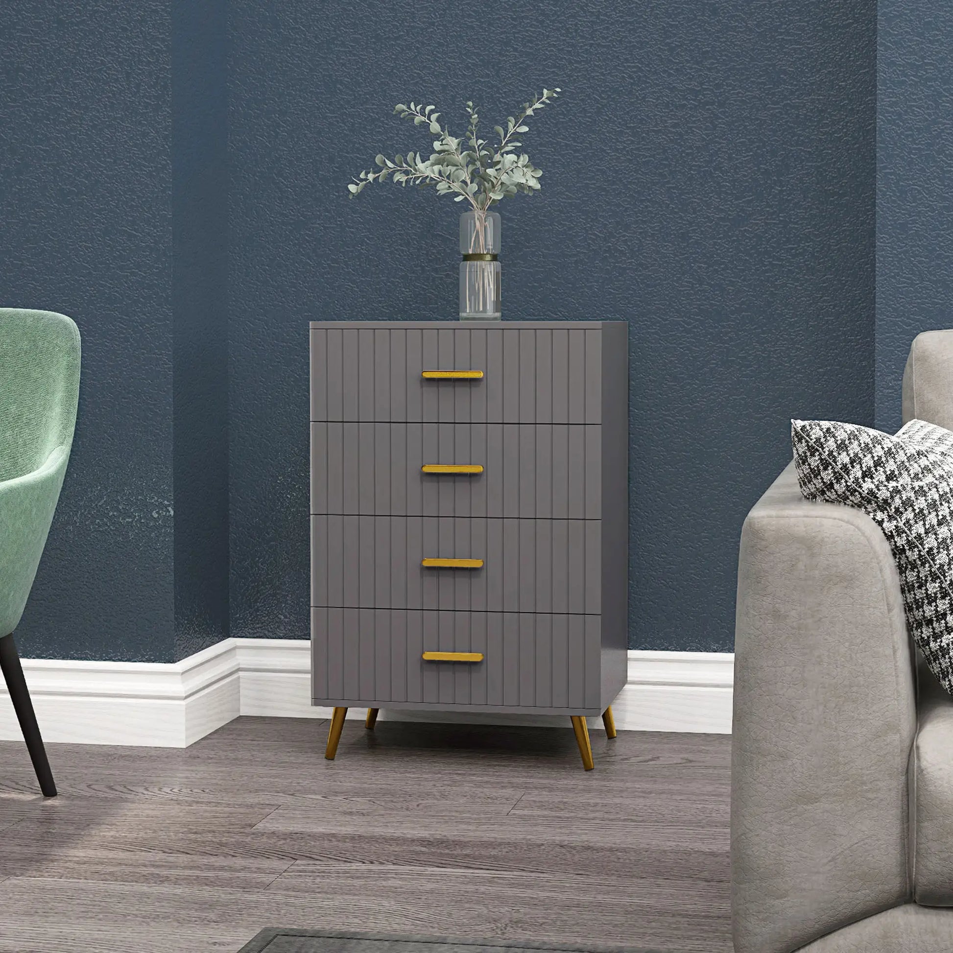 4 Drawer Cabinet, Bedroom Chest, Aluminium Legs, Gold Handles, Dark Grey Storage Cabinets at Gallery Canada