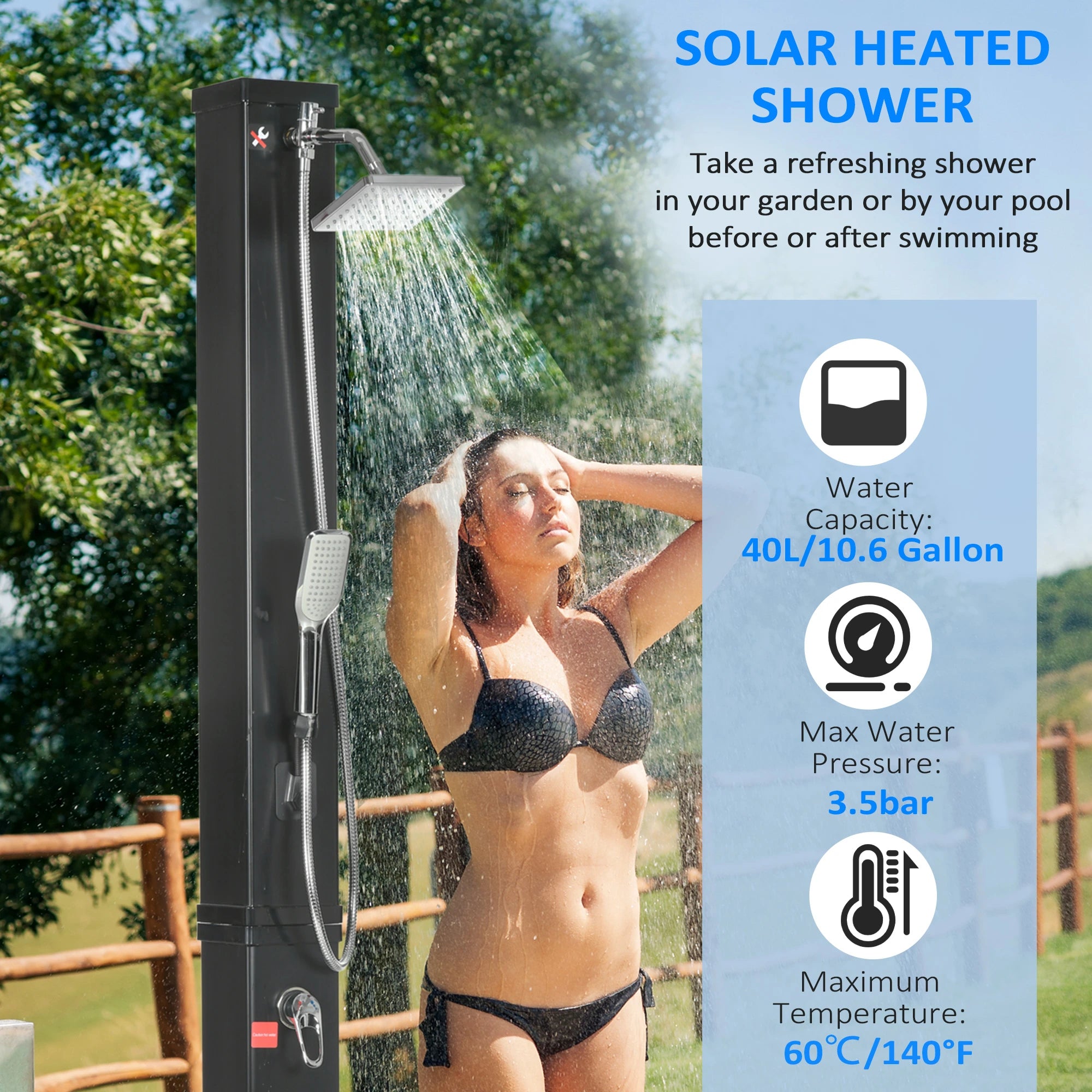 10.6Gal Outdoor Solar Shower, 360 Rainfall, Handheld Head, 60℃ Outdoor Swimming Pools & Hot Tubs at Gallery Canada