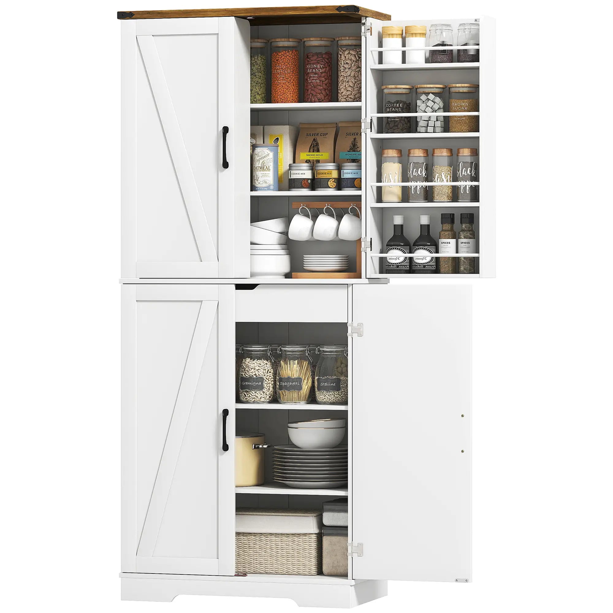 72 Inch Kitchen Pantry Cabinet, Farmhouse Storage with 4 Doors, Drawer, White Kitchen Pantry Cabinets White at Gallery Canada