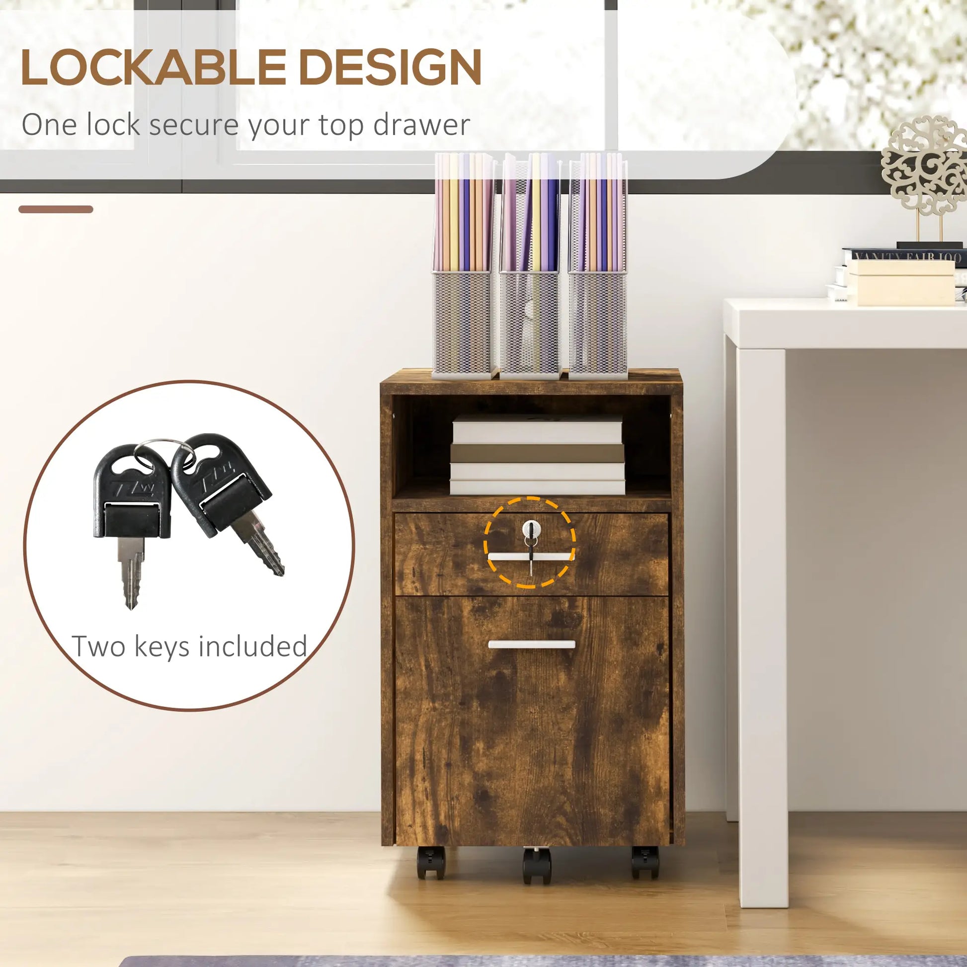 Small 2-Drawer Filing Cabinet, Lockable, on Wheels, Rustic Brown Office Cabinets & Cupboards at Gallery Canada