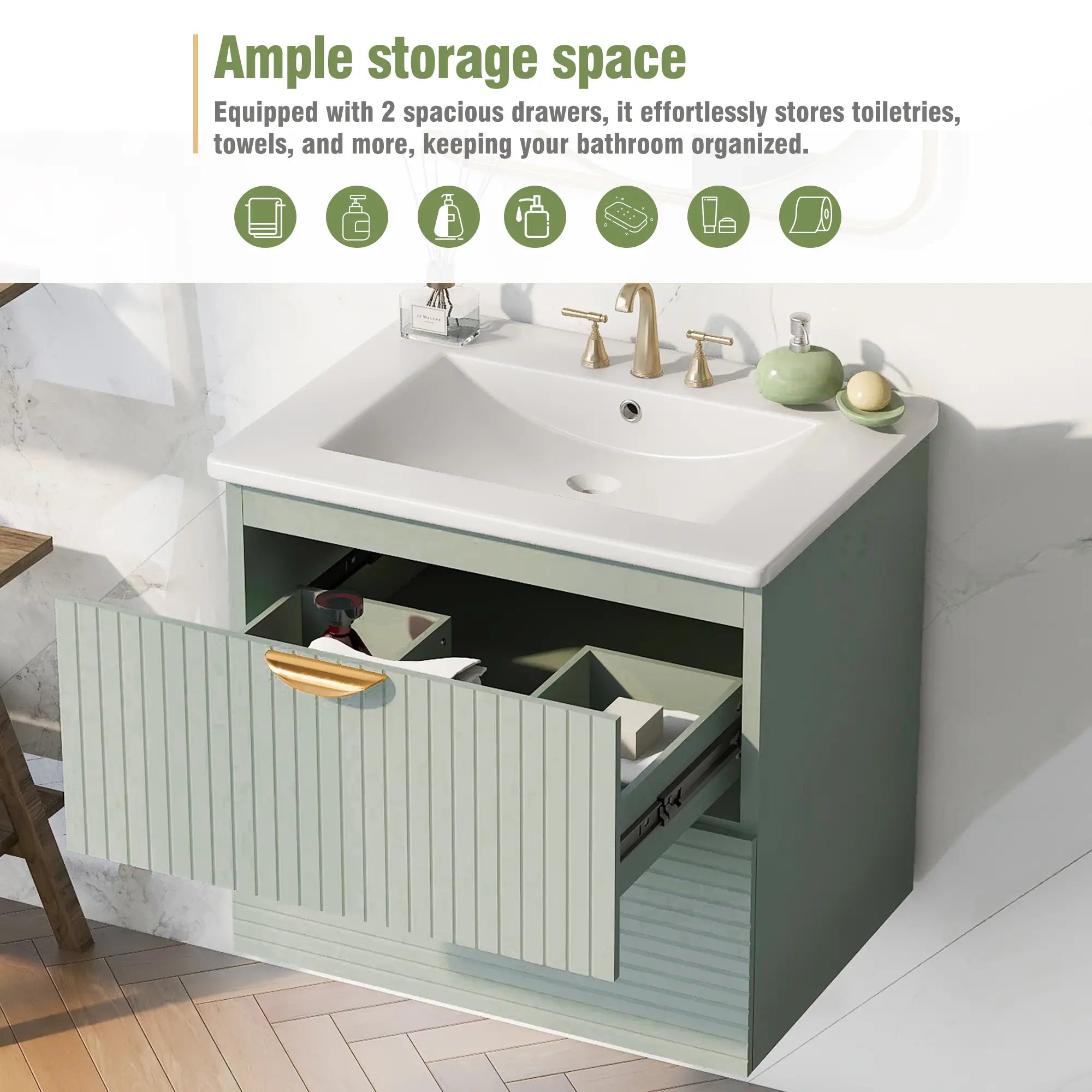 Wall-Mounted Bathroom Vanity, 2 Drawers, 24