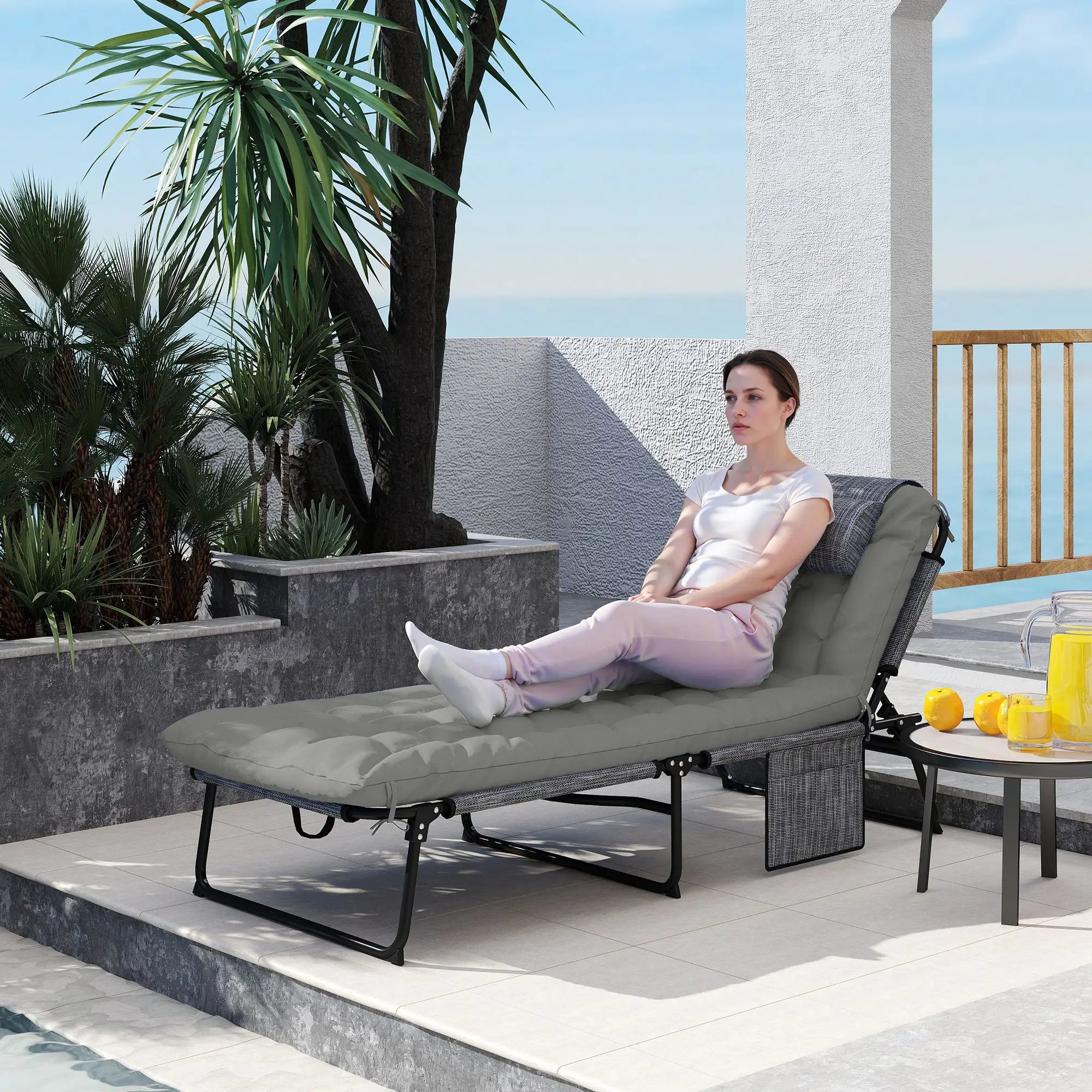 Folding Lounge Chair, 4-Level Reclining Back, Cushion, Grey Lounger Chairs at Gallery Canada