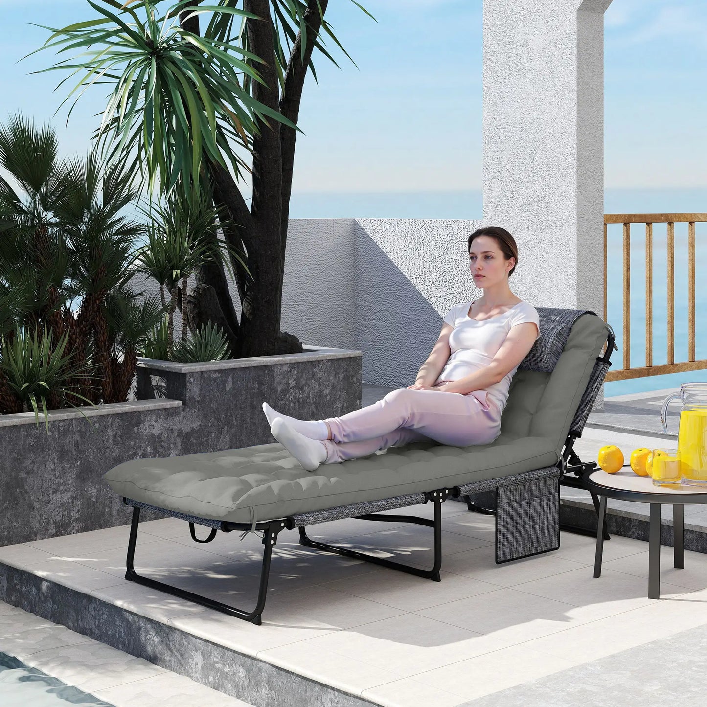 Folding Lounge Chair, 4-Level Reclining Back, Cushion, Grey Lounger Chairs at Gallery Canada