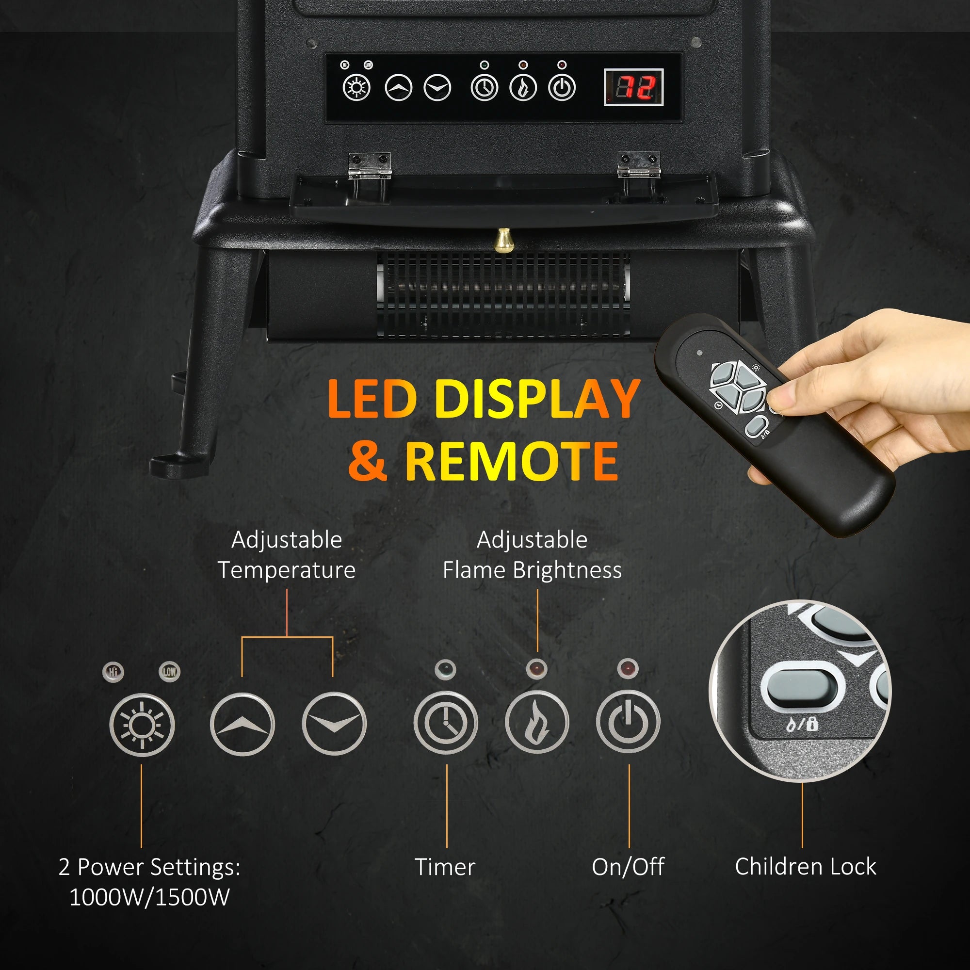 22 Infrared Electric Fireplace Stove, Freestanding Heater, 3D Flame, Adjustable Temp, Timer, 1000W/1500W, Black Electric Fireplaces at Gallery Canada