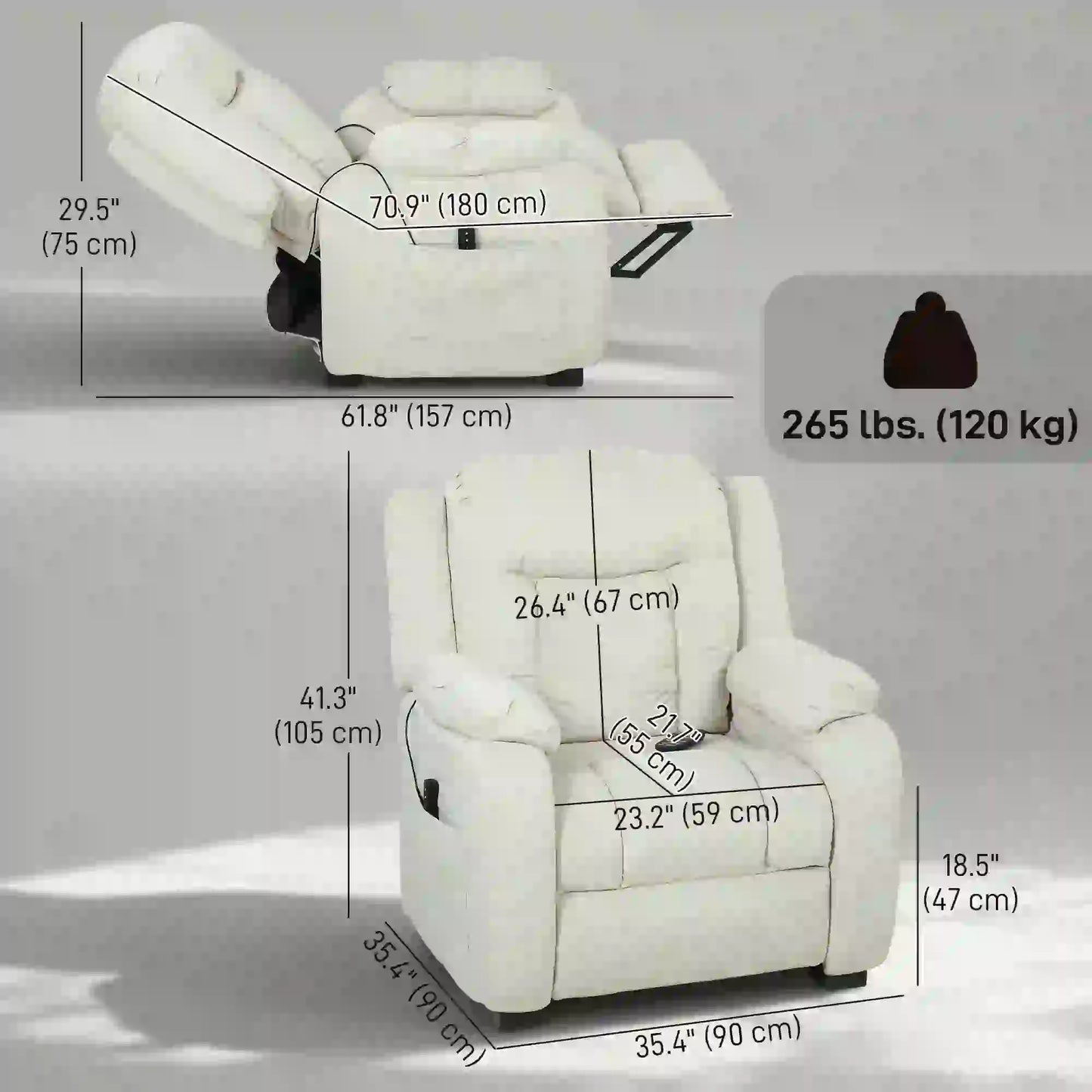 Massage Recliner Chair, Quiet Brushless Motor, Pet-Friendly Fabric, 2 Memory Positions, Cream White Single Sofas at Gallery Canada