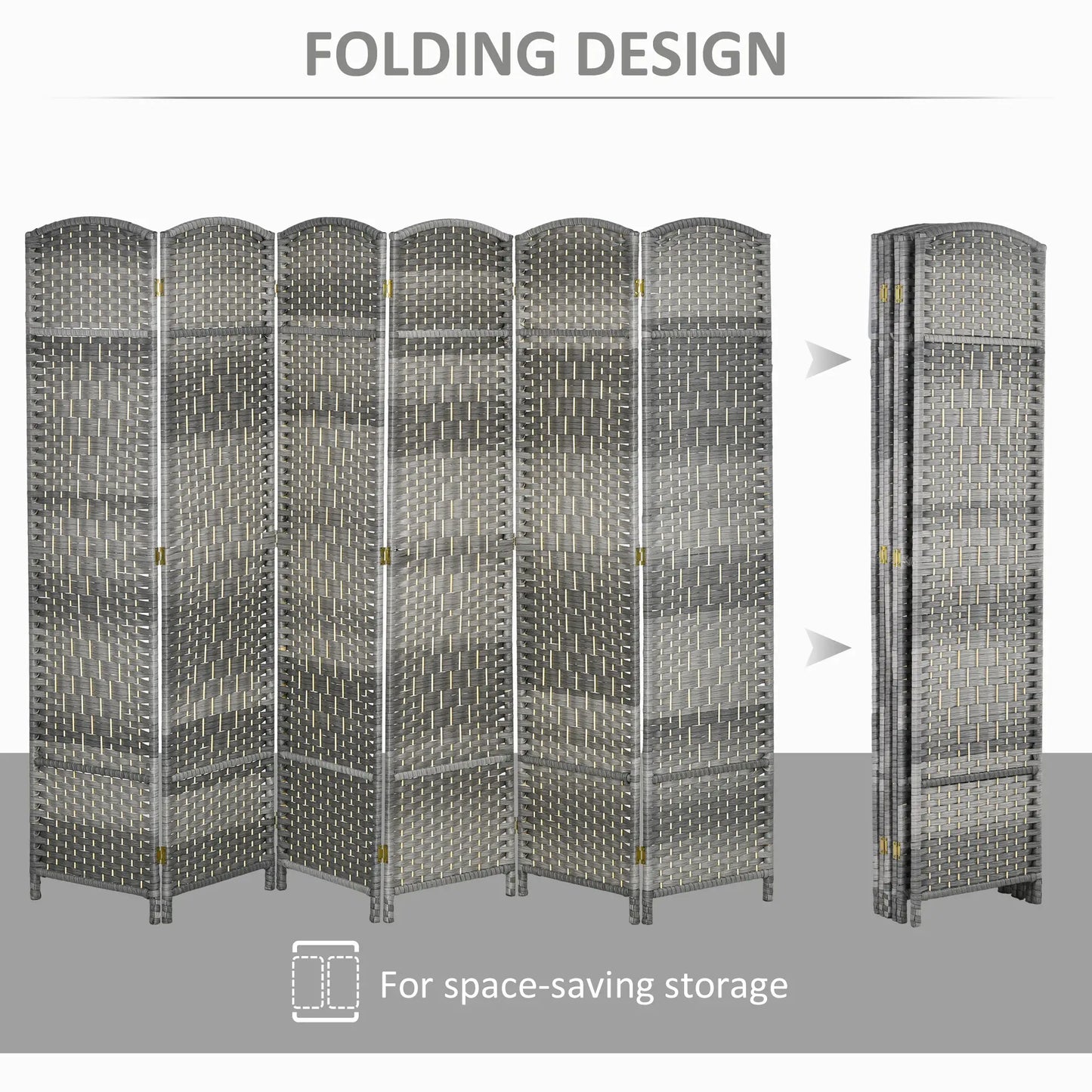 6 Ft Folding Room Divider, 6 Panel Privacy Screen, Hand-Woven, Mixed, Grey Room Dividers at Gallery Canada