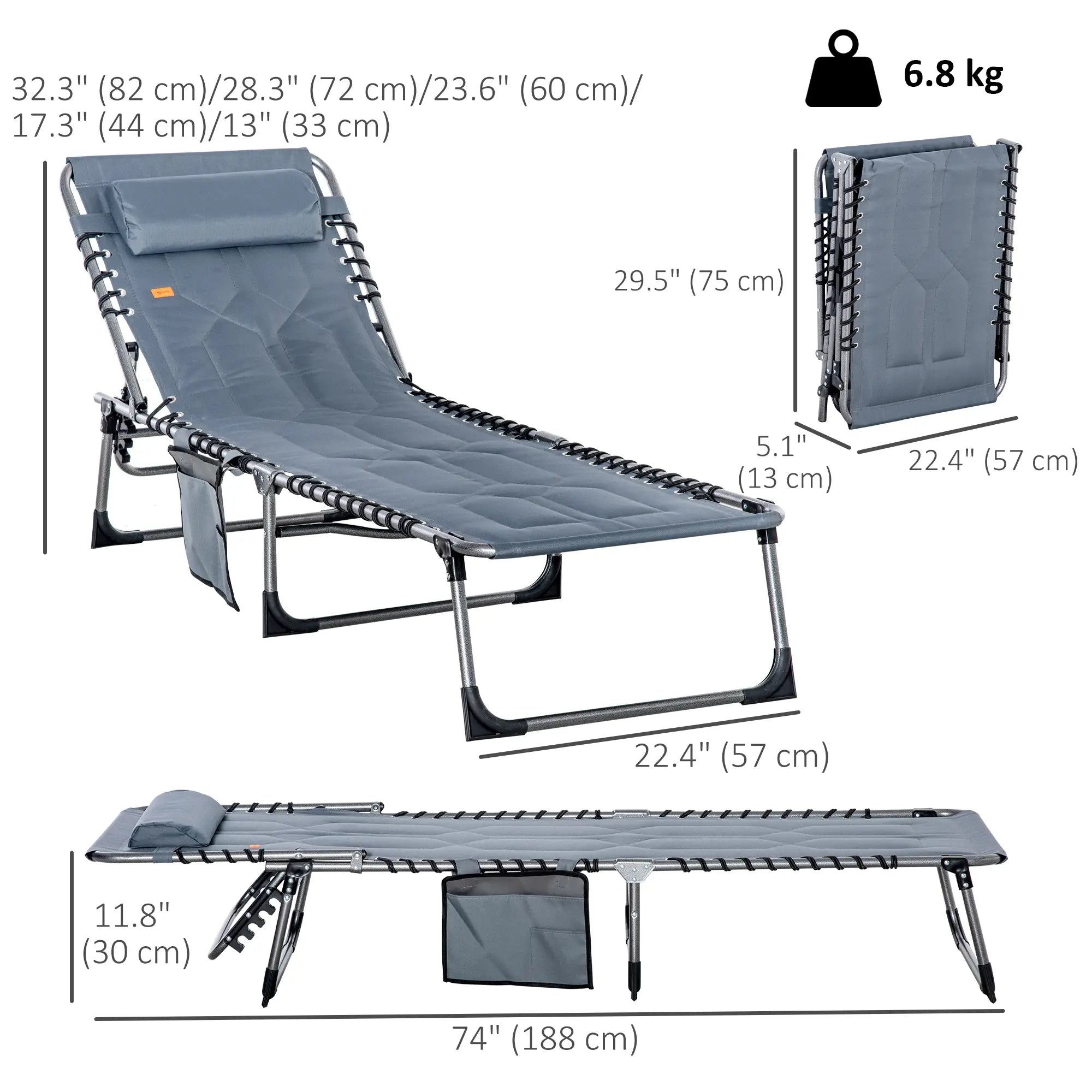 Outdoor Lounge Chair, Folding Chaise, Adjustable Backrest, Pillow, Pocket, Grey Lounger Chairs at Gallery Canada