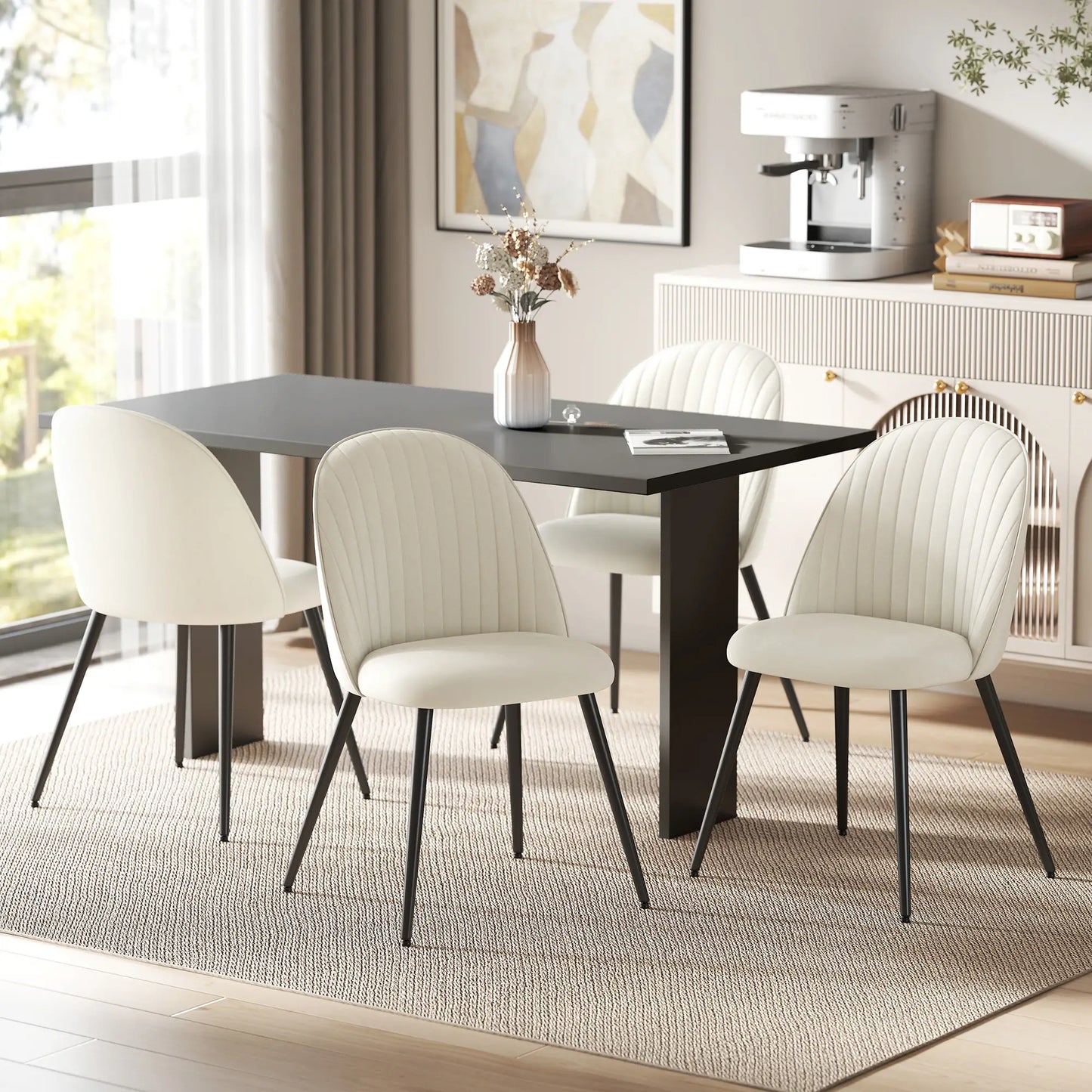 Set of 4 Modern Dining Chairs, Velvet Upholstered, Cream White, Cream White Bar Stools at Gallery Canada