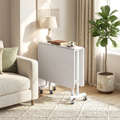 Six-Seater Drop-Leaf Dining Table with Wheels, White
