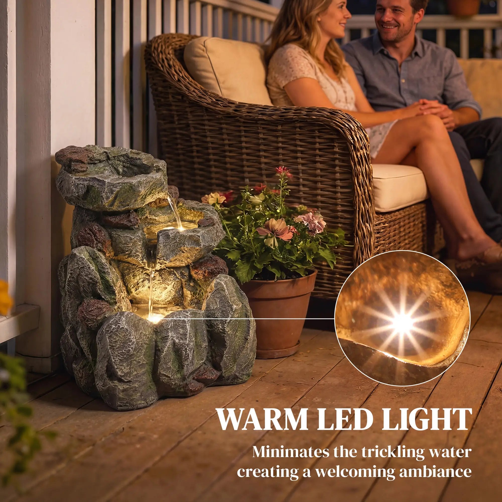 Outdoor Fountain, LED Lights, Adjustable Flow, 3-Tier, Rustic Rock Look, Grey Water Fountains at Gallery Canada