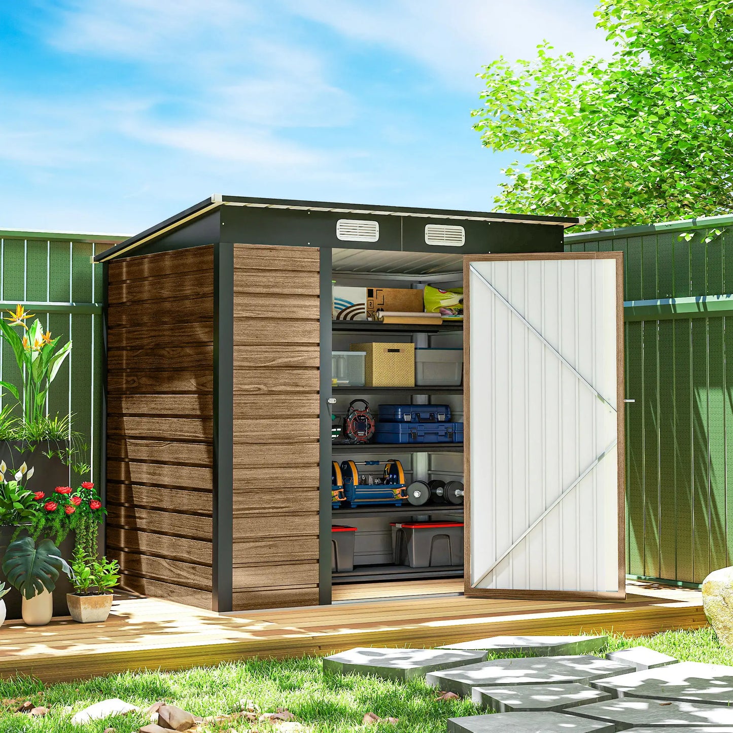 6' x 4' Galvanized Metal Garden Storage Shed, Double Doors, 2 Vents, Teak