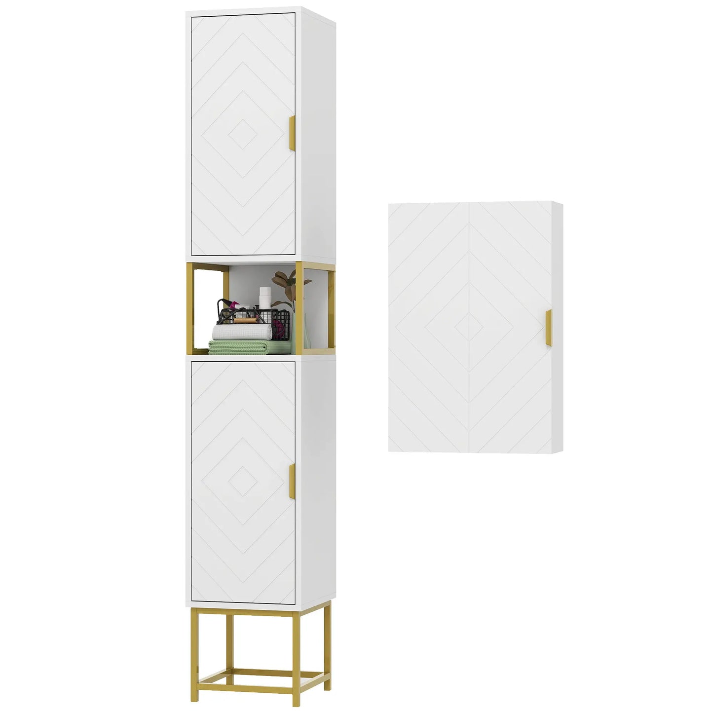 2-Piece Bathroom Cabinet Set, Adjustable Shelves, White Bathroom Cabinets White, Gold at Gallery Canada