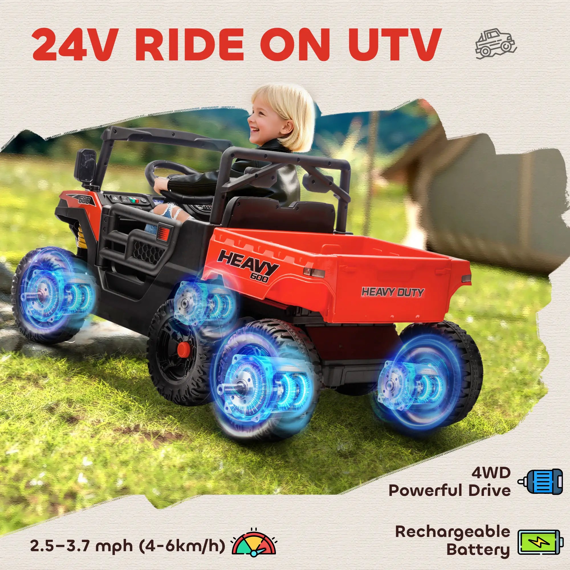 24V 4WD Kids Ride On Truck, 6 Wheels, 2 Seater, Remote, Dump Bed, Red Electric Toy Cars at Gallery Canada