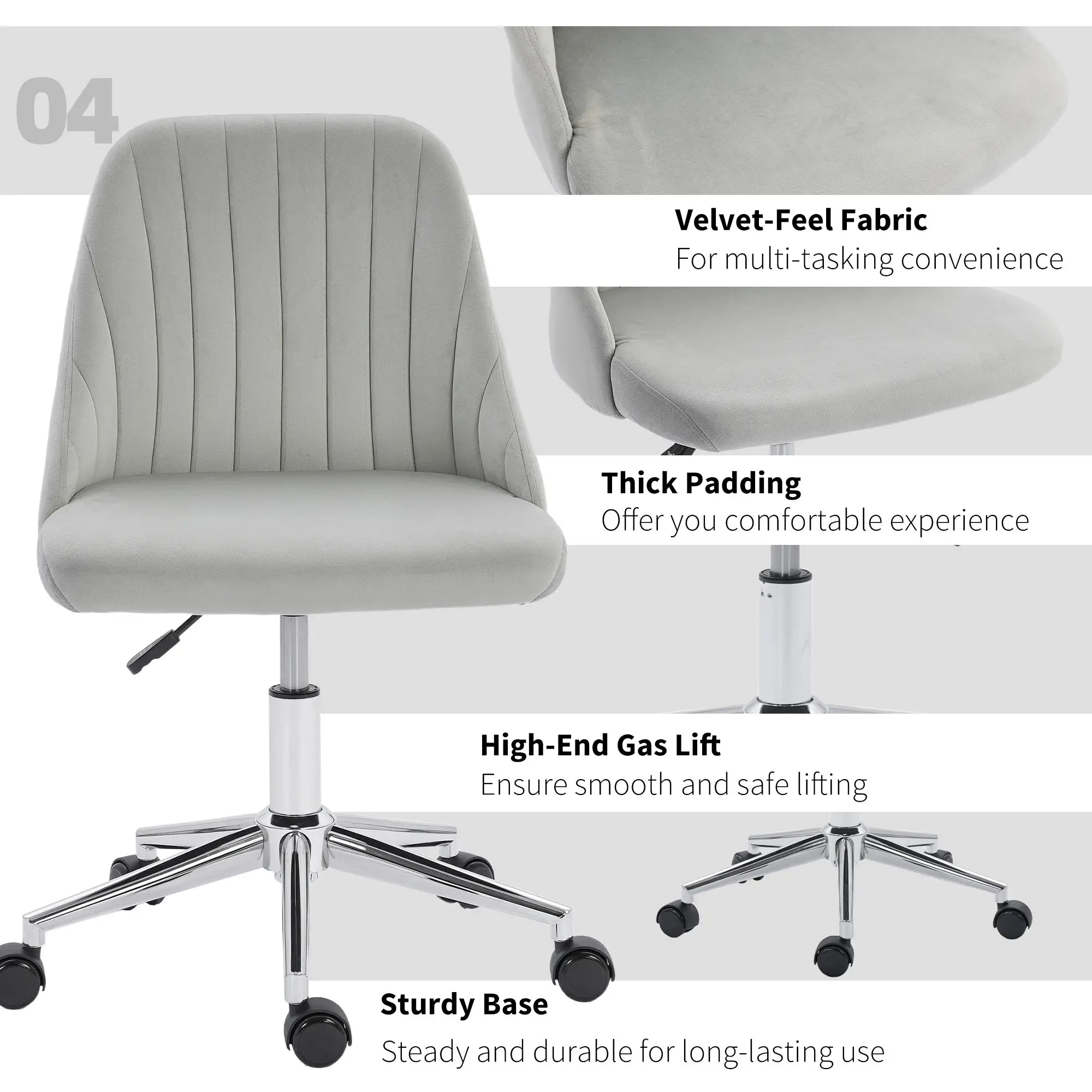 Vanity Chair for Makeup, Velvet Comfy Office Chair with Adjustable Height, Swivel Wheels for Bedroom, Living Room, Grey Task Chairs at Gallery Canada