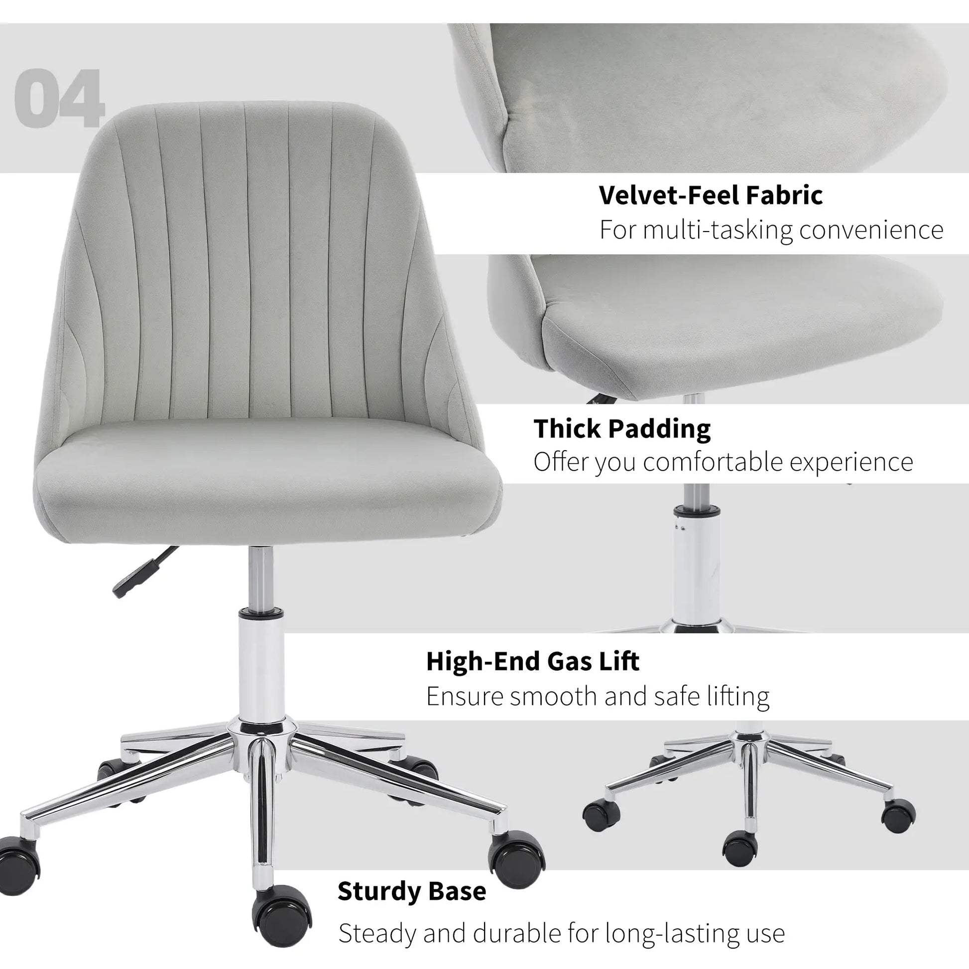 Vanity Chair for Makeup, Velvet Comfy Office Chair with Adjustable Height, Swivel Wheels for Bedroom, Living Room, Grey Task Chairs at Gallery Canada