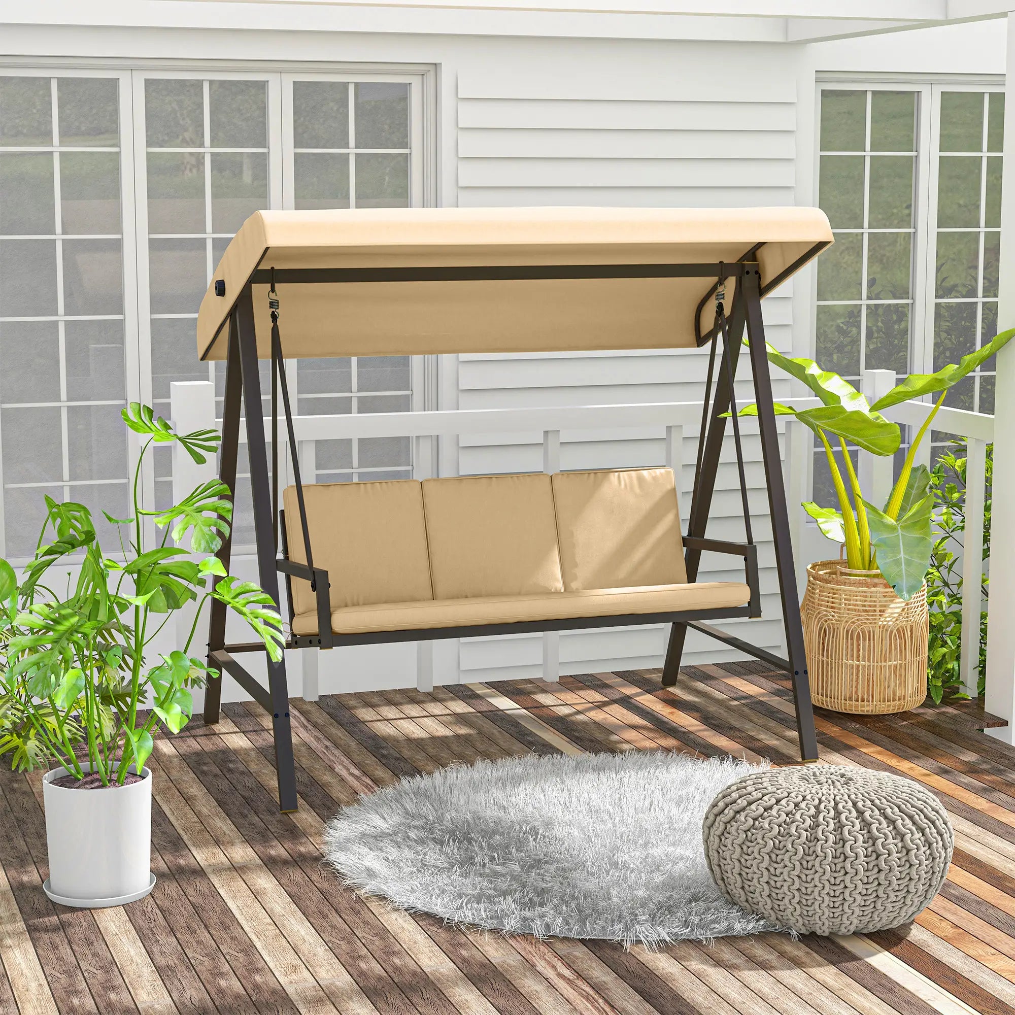 3 Seater Patio Swing Chair, Adjustable Canopy, Removable Cushions, Beige Patio Swings with Stand at Gallery Canada