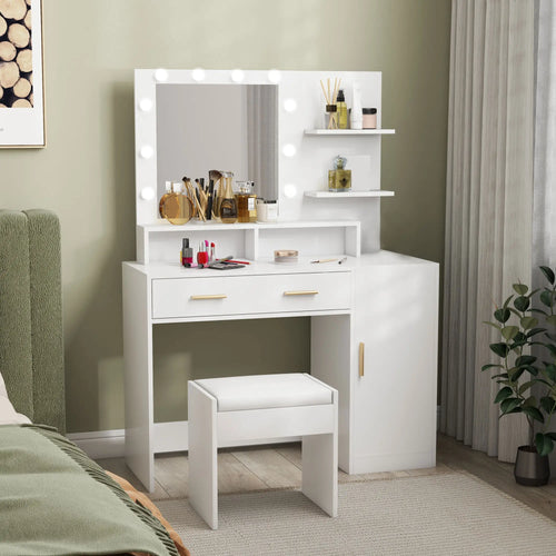 LED Dressing Table Set with Stool, Mirror, Drawer, Shelves