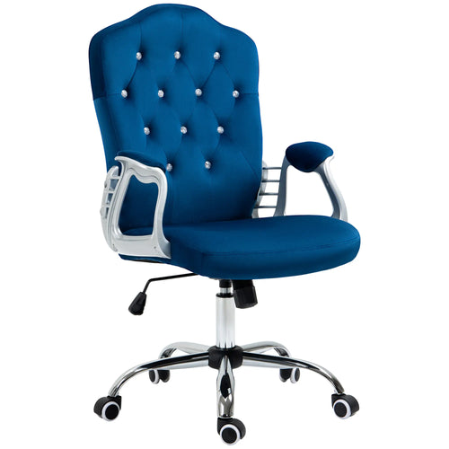 Velvet Office Chair, Button Tufted, Swivel Wheels, Adjustable Height, Blue