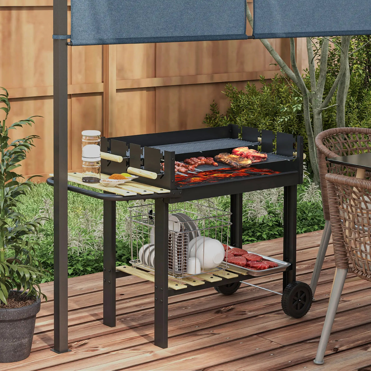 Charcoal Grill, Barbecue Trolley, Double Adjustable Grill, Black Charcoal BBQ Grils at Gallery Canada