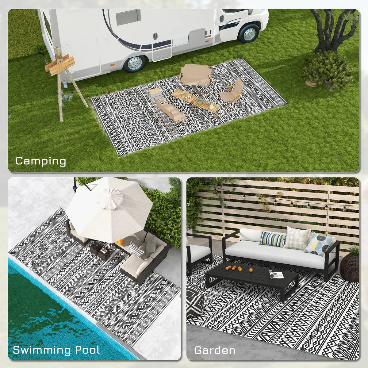 Reversible Outdoor Rug, Waterproof, 9' x 18', Boho, Grey Cream White Outdoor Reversible Rugs at Gallery Canada