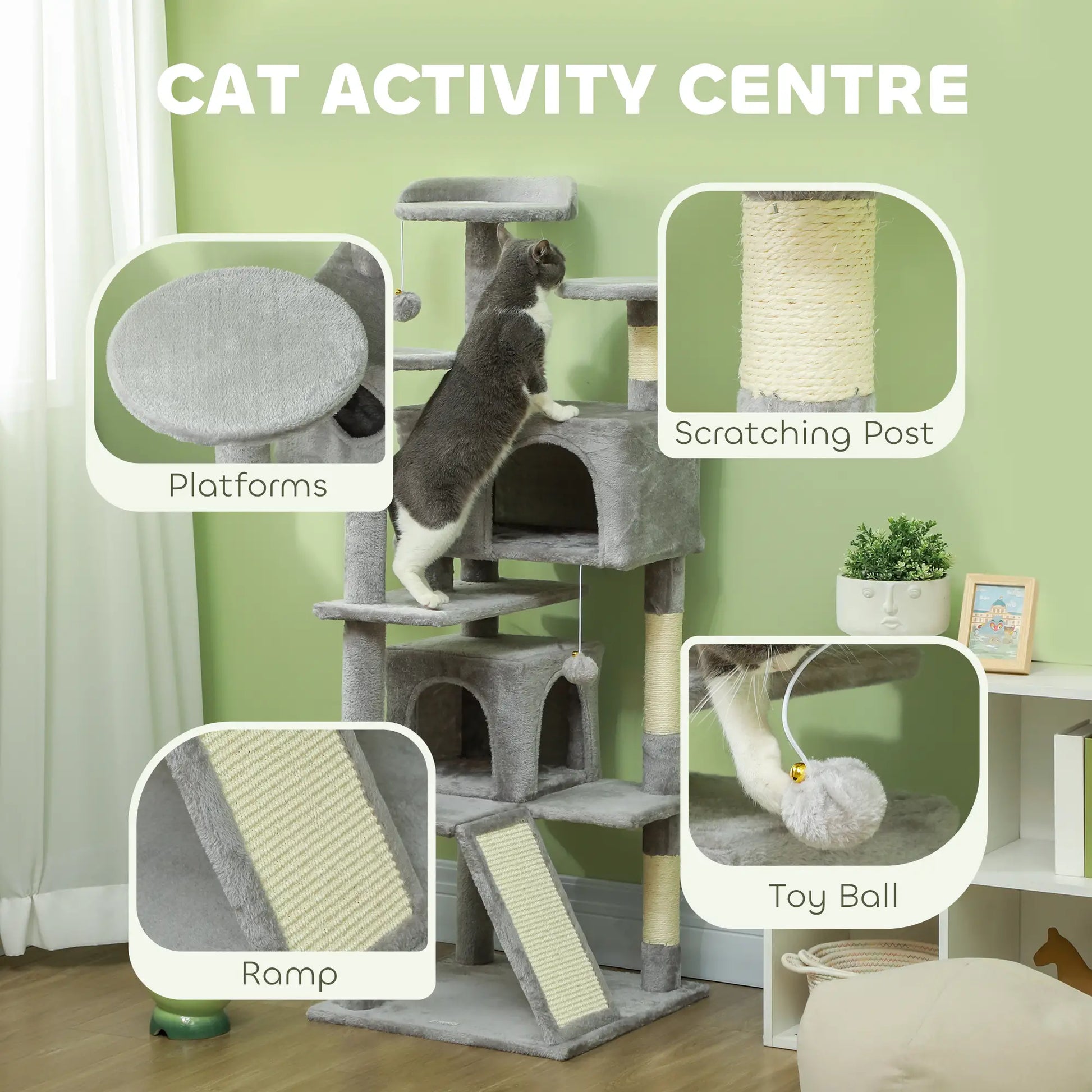 54 Cat Tree, Multi-Level Tower with Scratching Posts, Condos, Bed, Light Grey Cat Towers at Gallery Canada