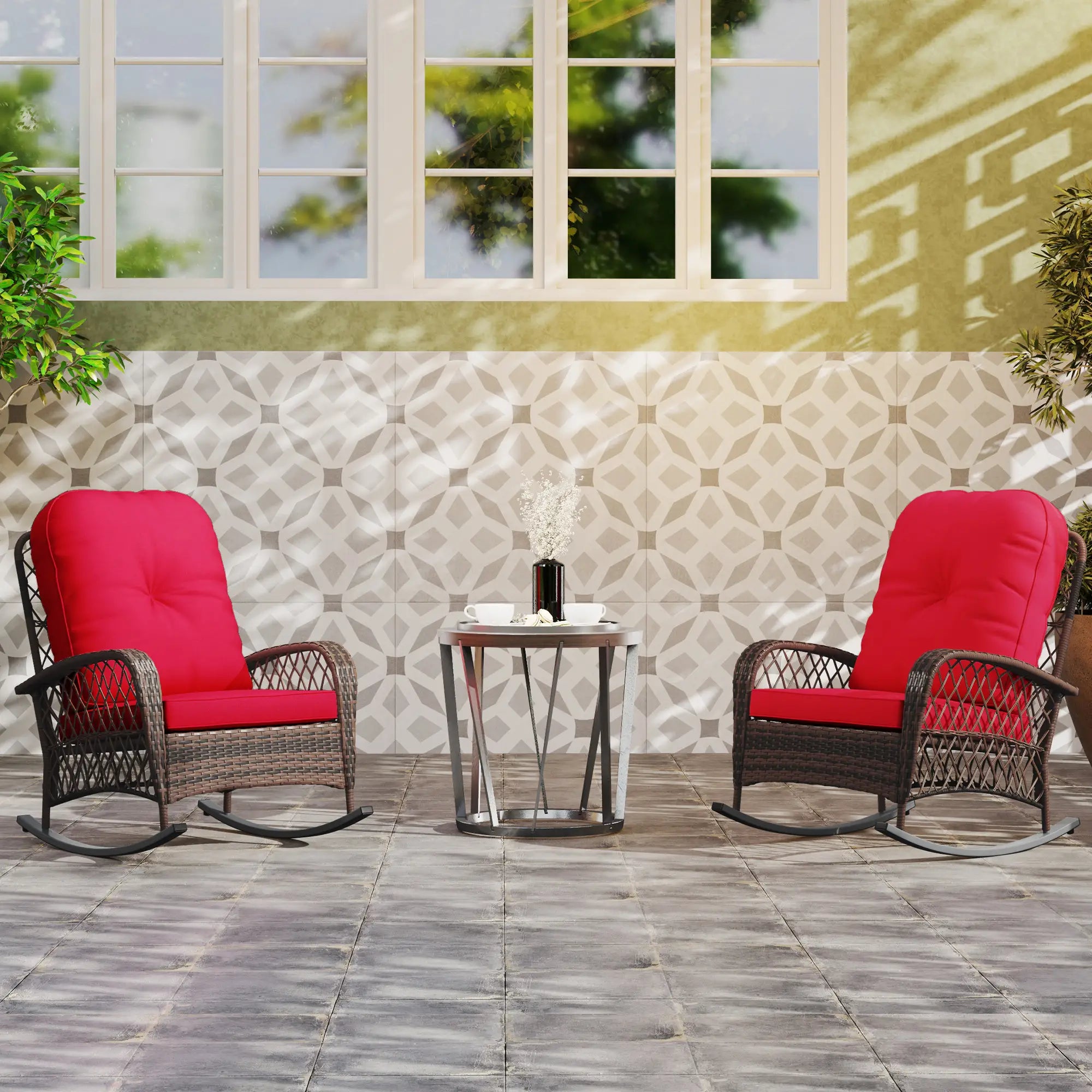 Outdoor Wicker Rattan Rocking Chair Set, Patio Rocker with Cushions, Red Outdoor Rocking Chairs at Gallery Canada