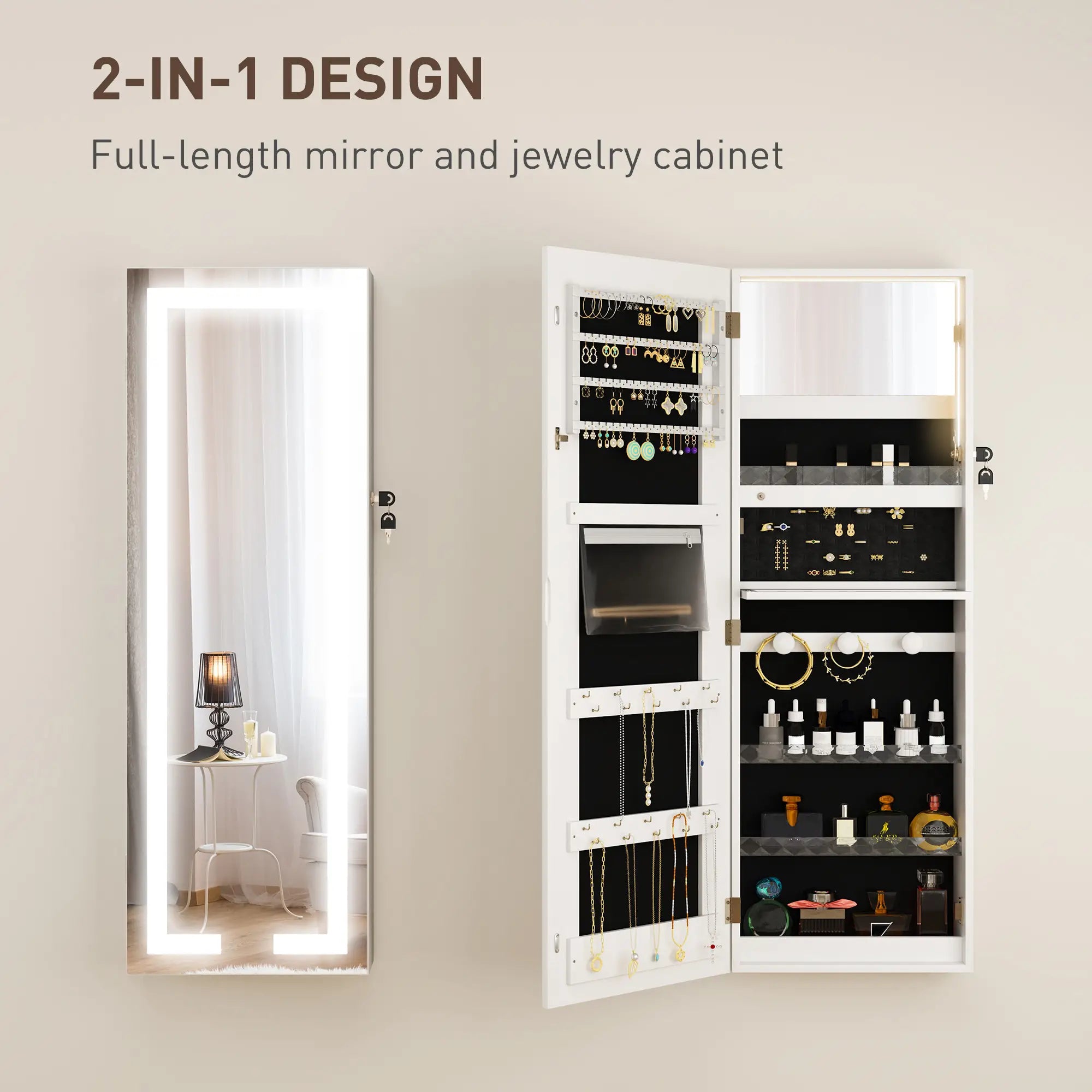 LED Lighted Jewelry Armoire with Mirror, Lockable Door, White Jewelry Armoire & Jewellery Mirror Cabinets at Gallery Canada