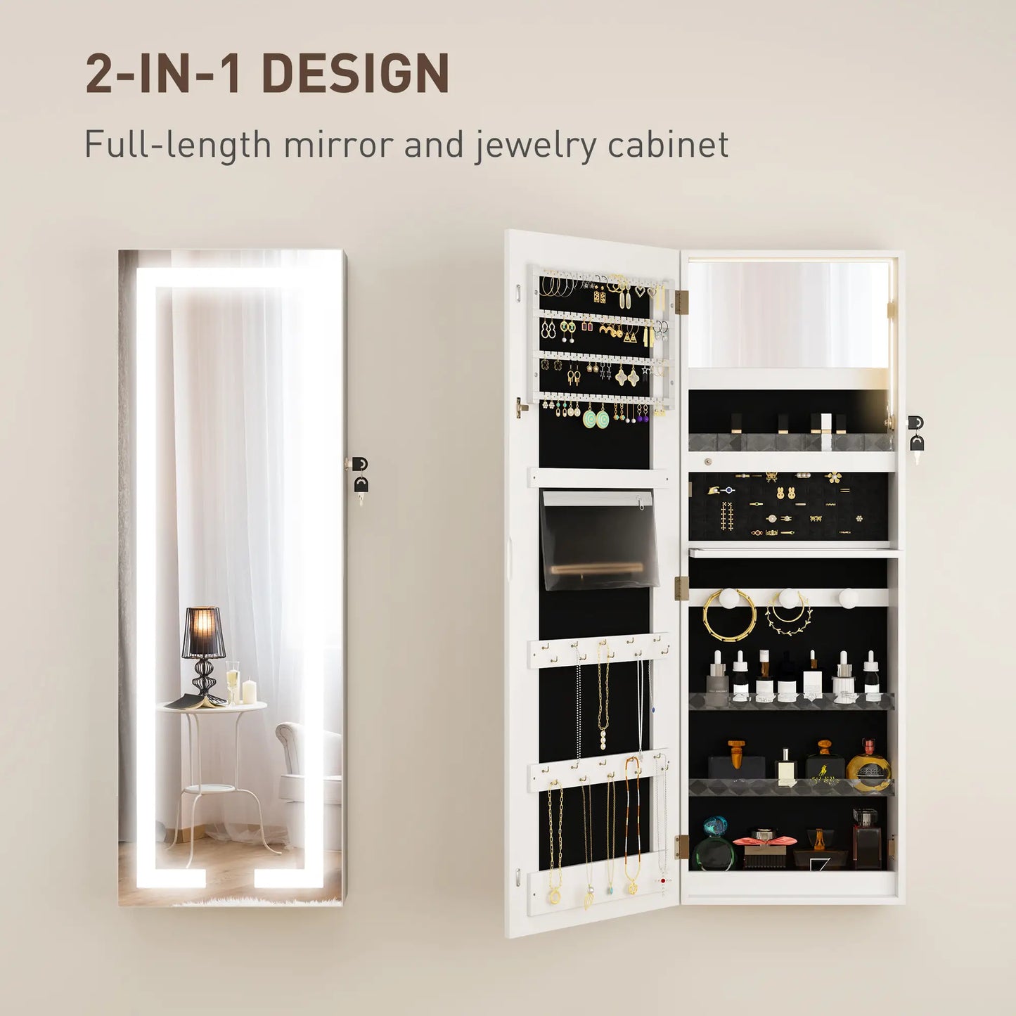 LED Lighted Jewelry Armoire with Mirror, Lockable Door, White Jewelry Armoire & Jewellery Mirror Cabinets at Gallery Canada