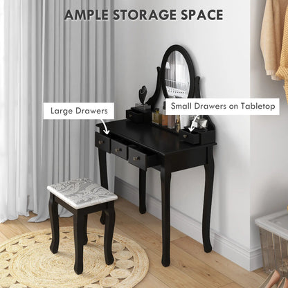 Wooden Vanity Table, 360° Rotating Oval Mirror, 5 Drawers, Padded Stool, Black