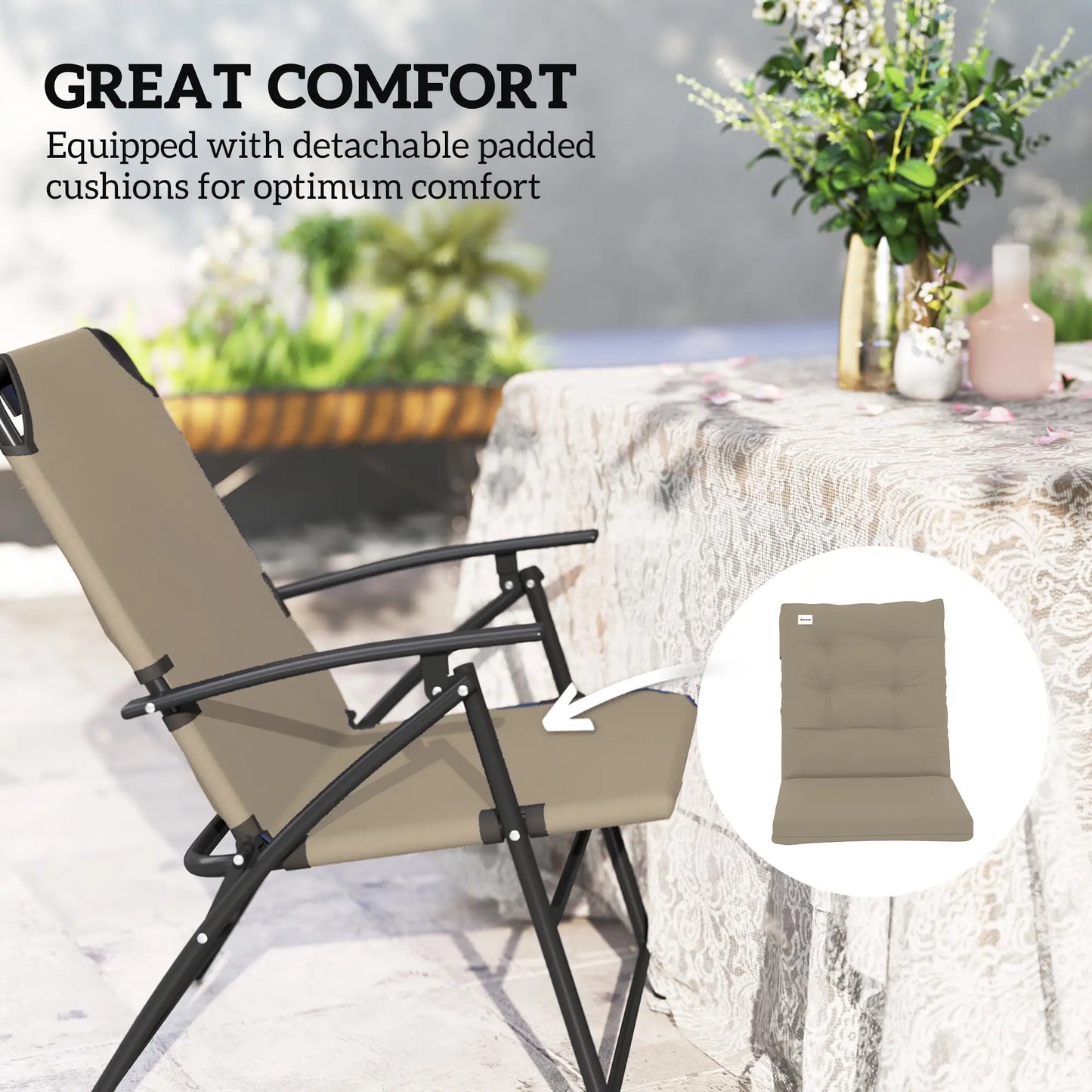 2 Outdoor Folding Chairs, Adjustable Backrest, Padded Camping Chairs, Khaki Patio Chairs at Gallery Canada