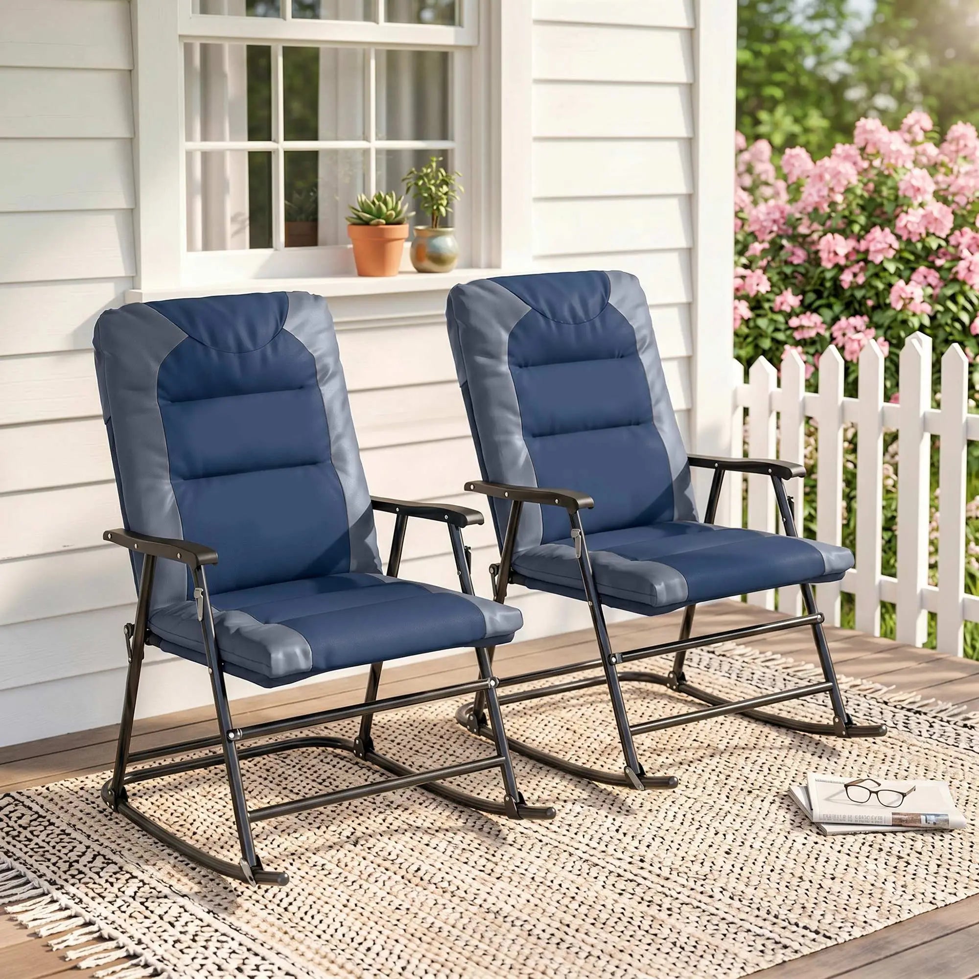 Folding Rocking Chair Set, 2 Padded Rockers with Armrest, Navy Blue Outdoor Rocking Chairs at Gallery Canada