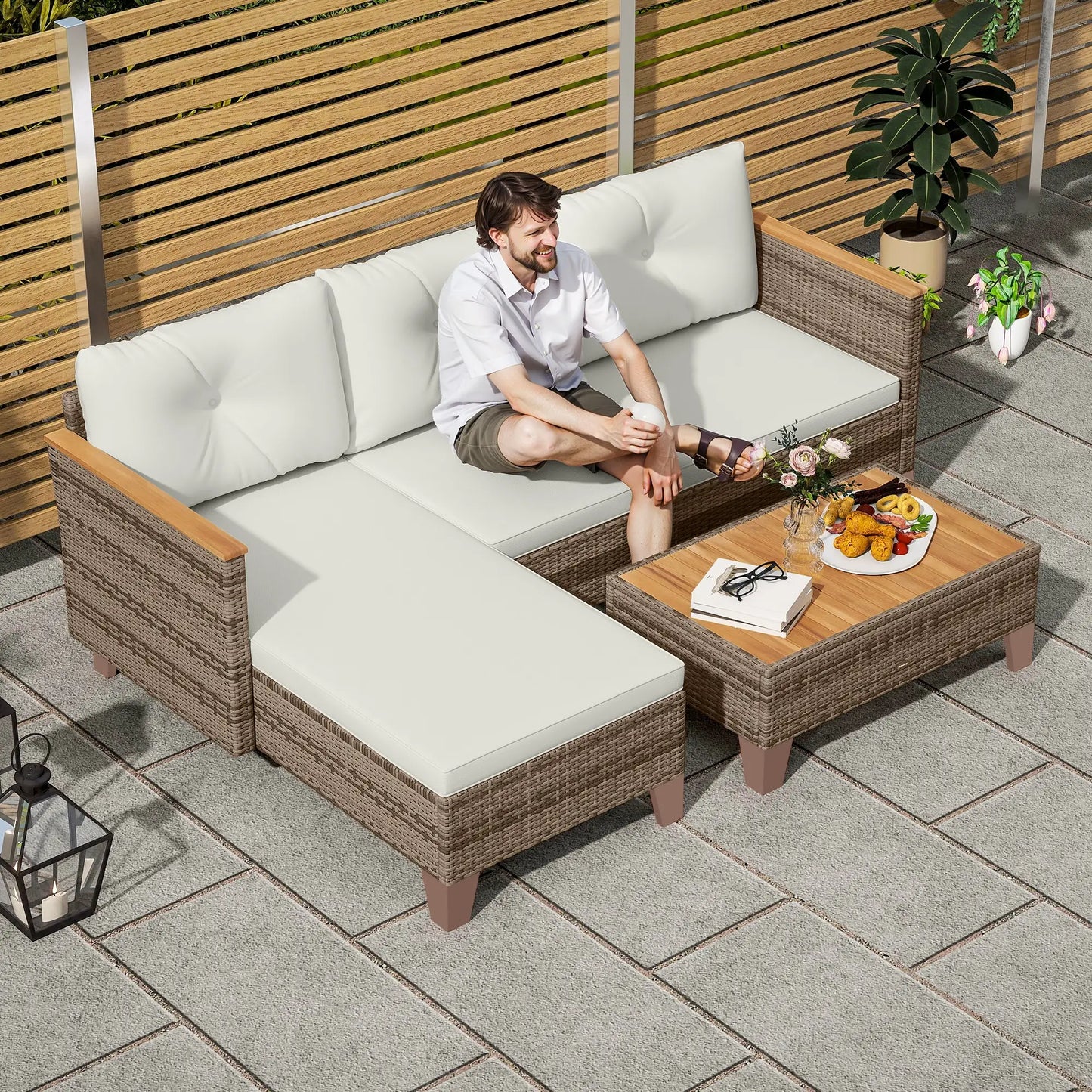3 Piece L-Shaped Patio Furniture Set, Wood Top Coffee Table, Cream Patio Furniture Sets at Gallery Canada