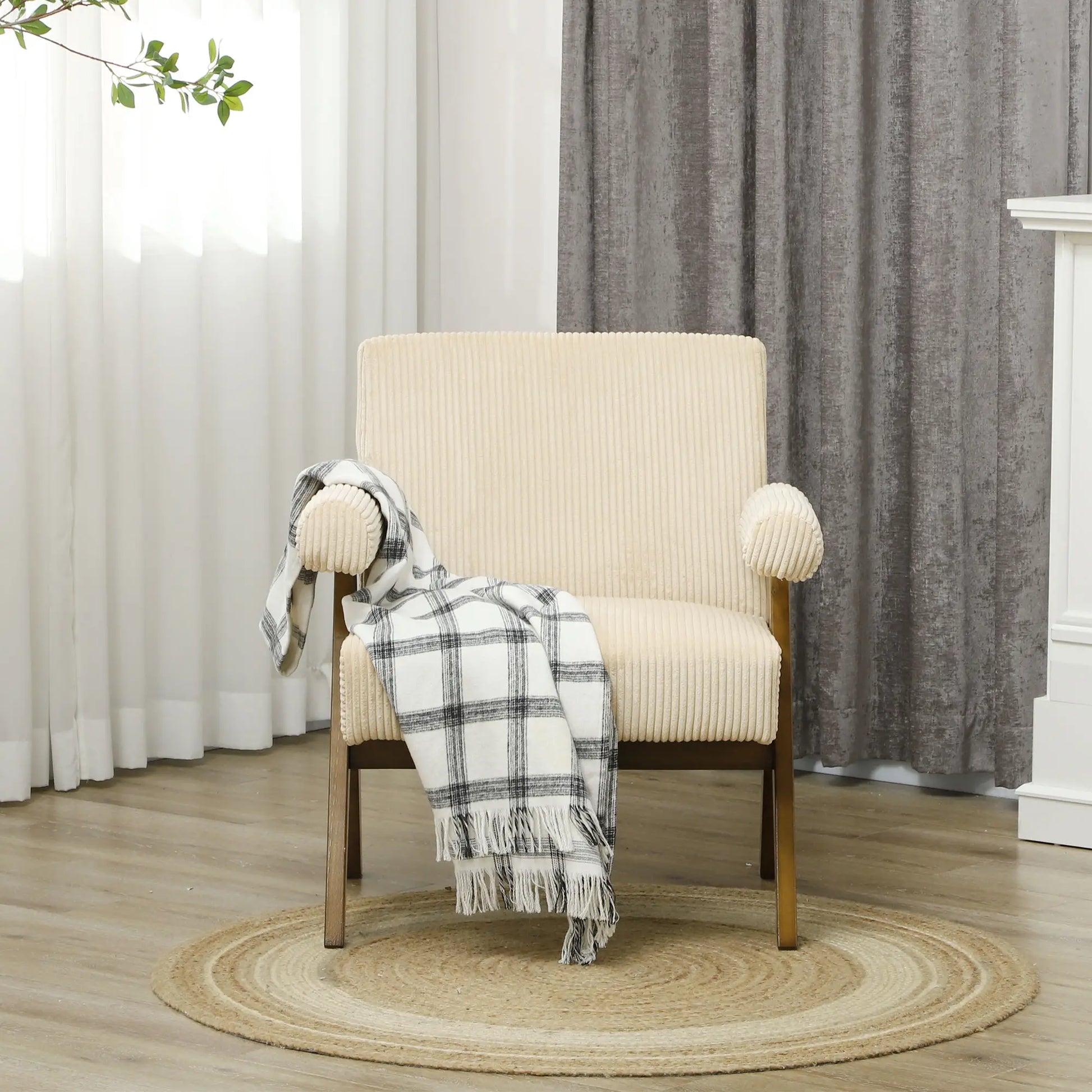 Corduroy Accent Chair, Wide Seat, Soft Padded Armrests, Beige Accent Chairs at Gallery Canada