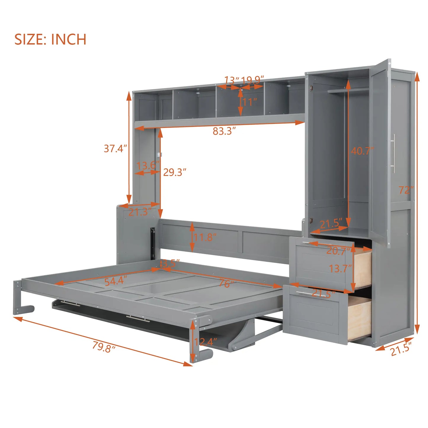 Murphy Bed with Closet, Drawers, 107.5" L x 58" W x 72" H, Grey Bed Frames at Gallery Canada