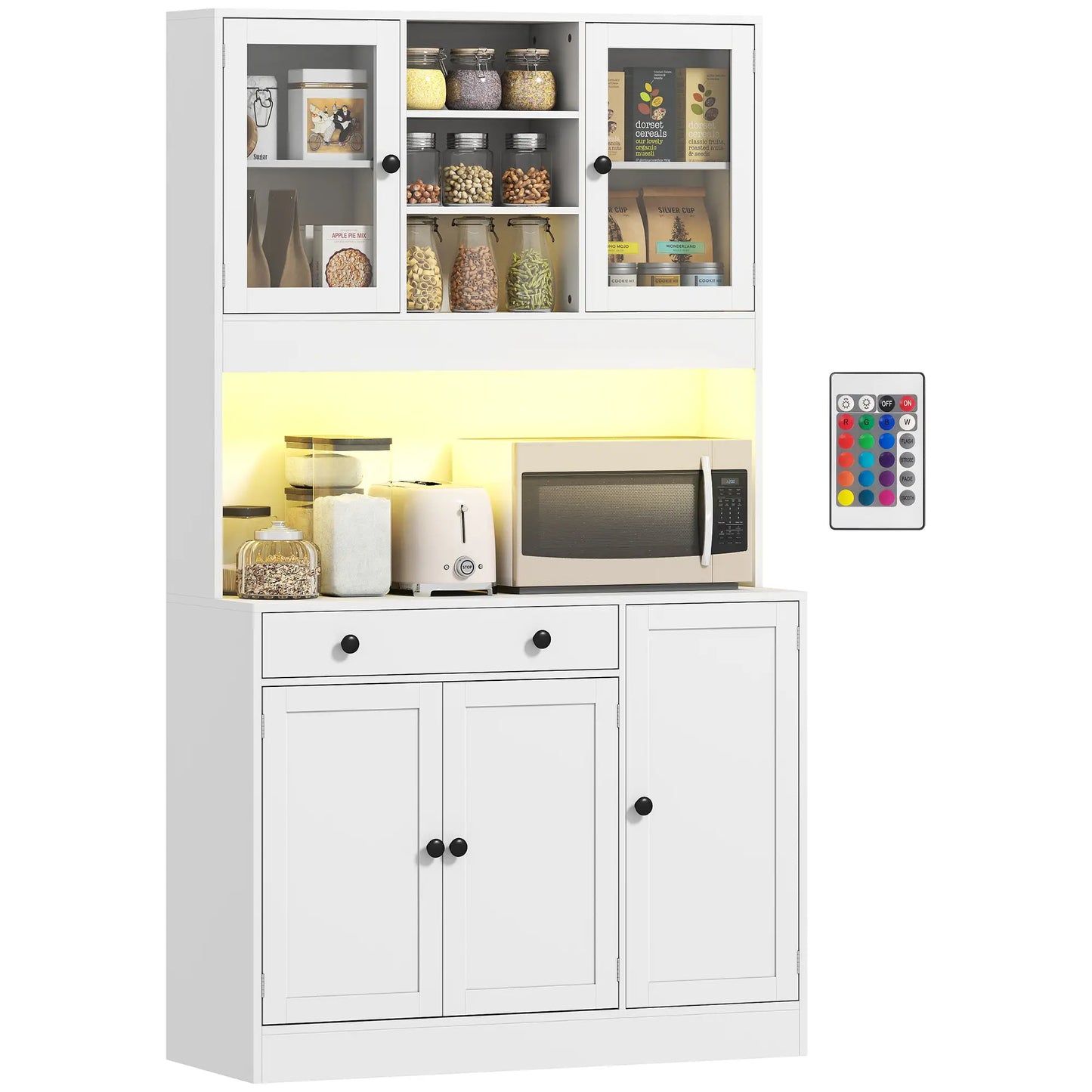Tall Kitchen Pantry with LED Light, Freestanding Cabinet, White Kitchen Pantry Cabinets at Gallery Canada