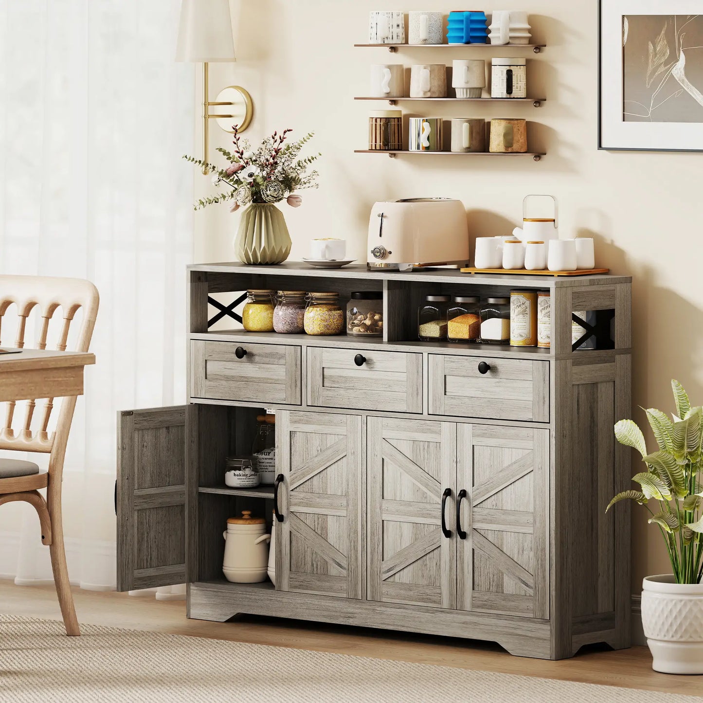 Grey Sideboard, Buffet Cabinet With 4 Barn Doors, 3 Drawers, Grey