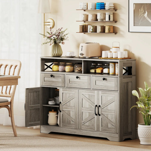 Grey Sideboard, Buffet Cabinet With 4 Barn Doors, 3 Drawers, Grey