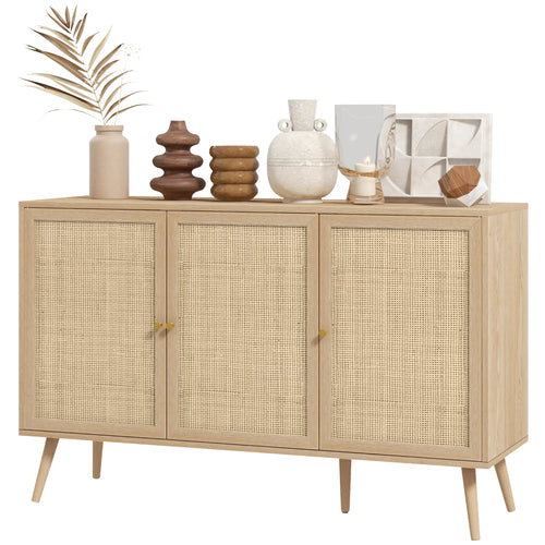 Boho Kitchen Sideboard Cabinet, Shelves, Wood Legs, Rattan Doors, Natural