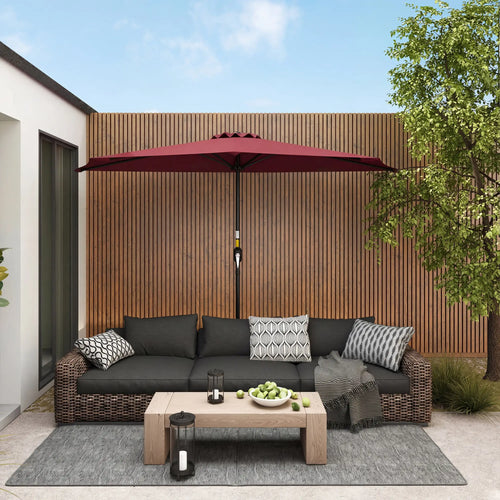 9ft Half Round Patio Umbrella, 5 Ribs, Sun Shade, Wine Red