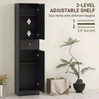 67" Tall Bathroom Cabinet, 2 Doors, Drawer, Adjustable Shelf, Black Wood Grain, Black Freestanding Bathroom Cabinets at Gallery Canada