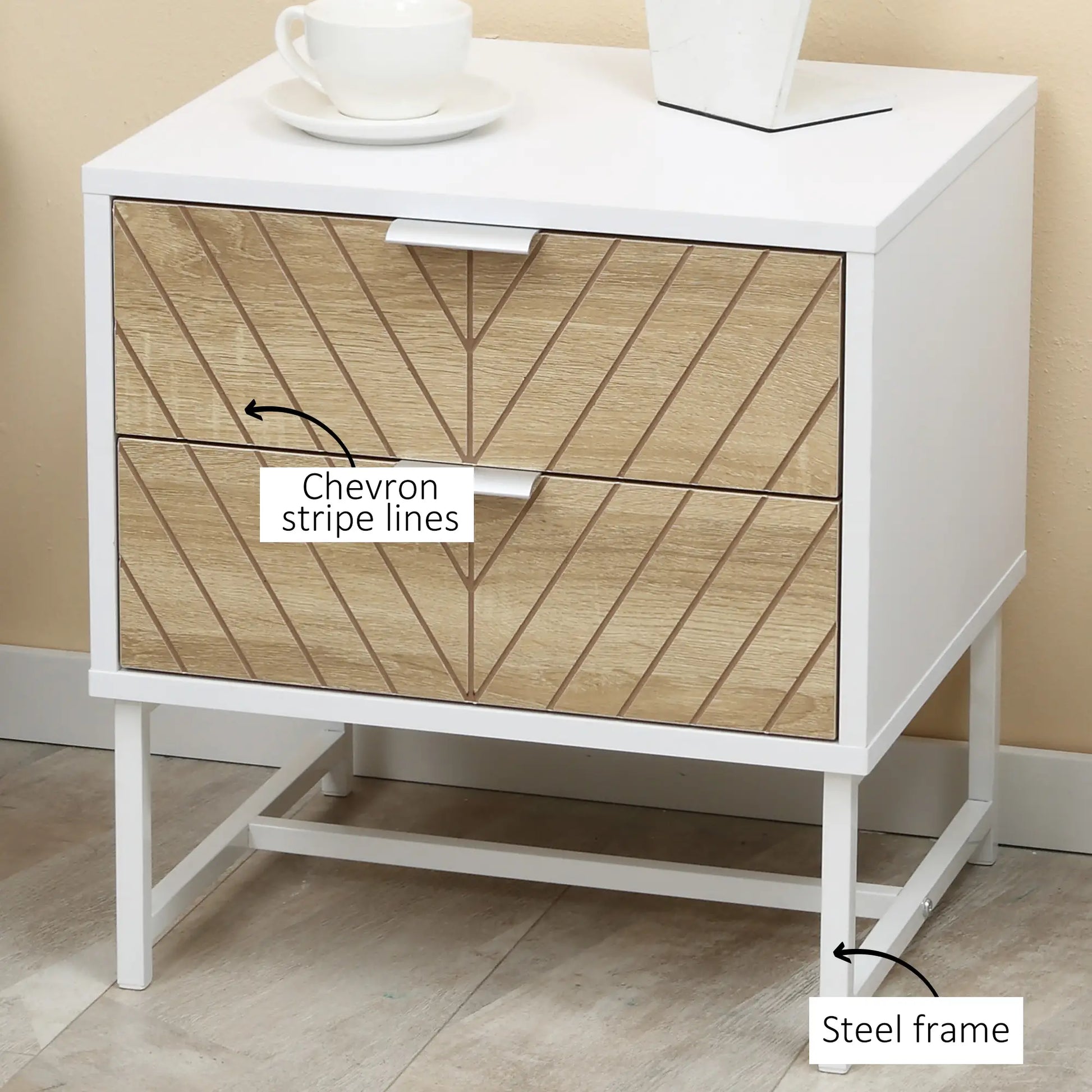 Modern Bedside Table, 2 Drawers, Steel Frame, Oak, White Bedside Tables at Gallery Canada