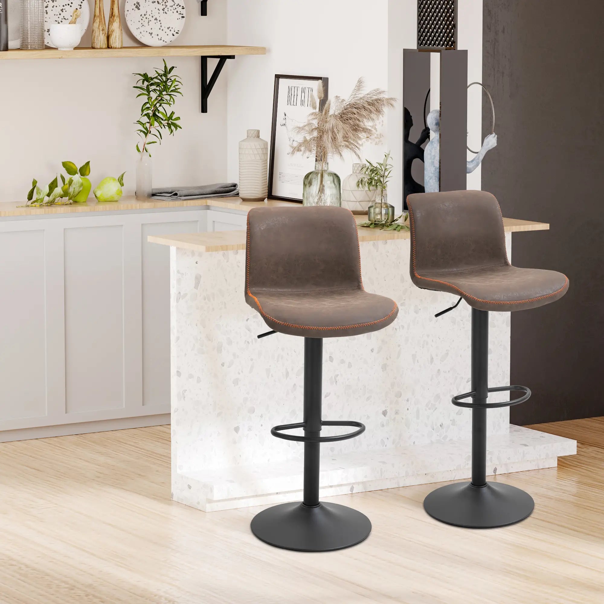 Swivel Bar Stools Set of 2, Adjustable Height, PU Leather, Brown Bar Stools at Gallery Canada